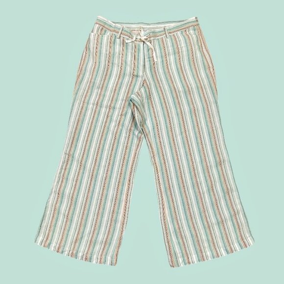 Lane Bryant Linen Blend Pants Sz 14 16 Teal Striped Wide Leg Beachy Coastal BOHO - Picture 1 of 8